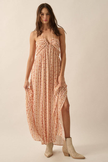 Floral-Stripe Tie-Back Maxi Halter Dress