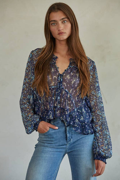 Floral Print Long Sleeve Ruffle Button Down Top