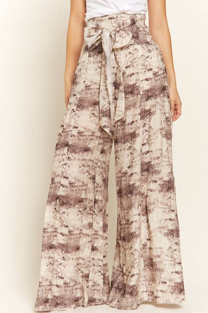 FRONT TIE SMOCKED HIGH WAIST TIE DYE PRINTED PALAZZO PANTS