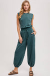 DRAWSTRING WAIST SLEEVELESS KNIT ACTIVE JUMPSUIT