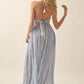 Floral-Stripe Tie-Back Maxi Halter Dress