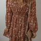 Boho Floral Ruffled Puff Sleeve V Neck Mini Dres
