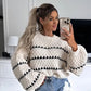 white And Black Striped Balloon Sleeve Sweater