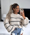 white And Black Striped Balloon Sleeve Sweater