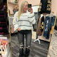 white And Black Striped Balloon Sleeve Sweater