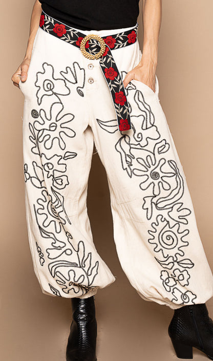 Embroidered Detail Designer Pants