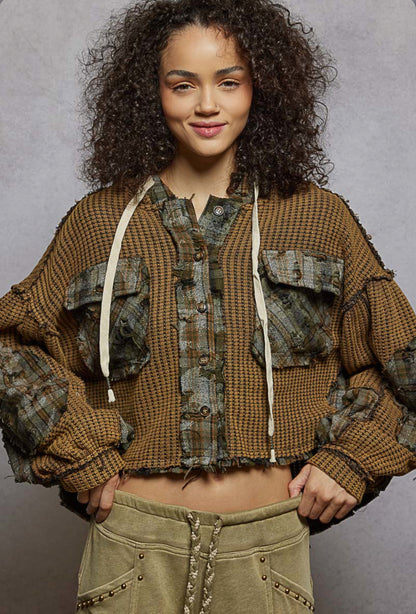 Balloon Sleeve Plaid Contrast Hooded Knit Jacket