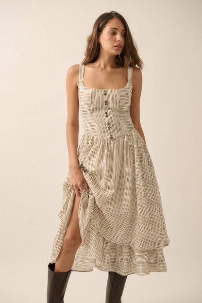 Striped Layered Fit-and-Flare Midi Dress