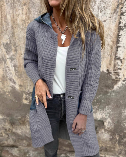 Vintage Style Denim Patchwork Hooded Knit Cardigan