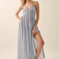 Floral-Stripe Tie-Back Maxi Halter Dress