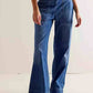 Ladies Elastic Waist Pocket Wide Leg Denim Pants
