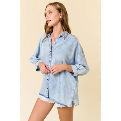 3/4 Sleeve Soft Denim Button-Down