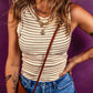 Stripe Exposed Seam Trim Round Neck Sleeveless Top